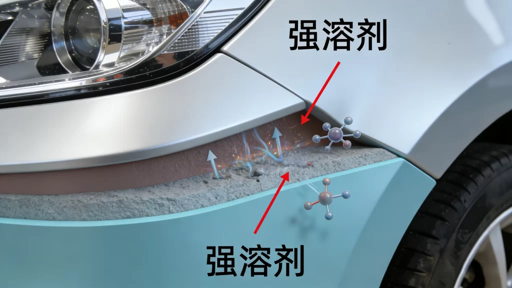 这种强力溶剂会与油漆表面混合,导致油漆发生化学反应。