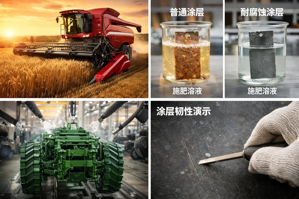 收割机，化肥侵蚀模拟对比，农机流水线喷涂，漆膜坚韧度演示