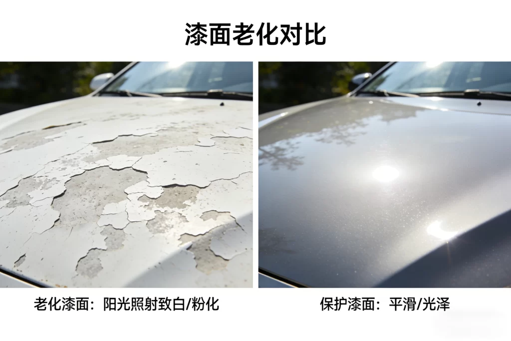 汽车漆面老化对比，油漆粉化与新漆对比