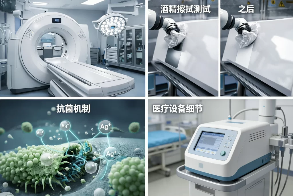 洁净的现代手术室场景，酒精擦拭实验对比，抗菌原理示意图，医疗设备涂装细节