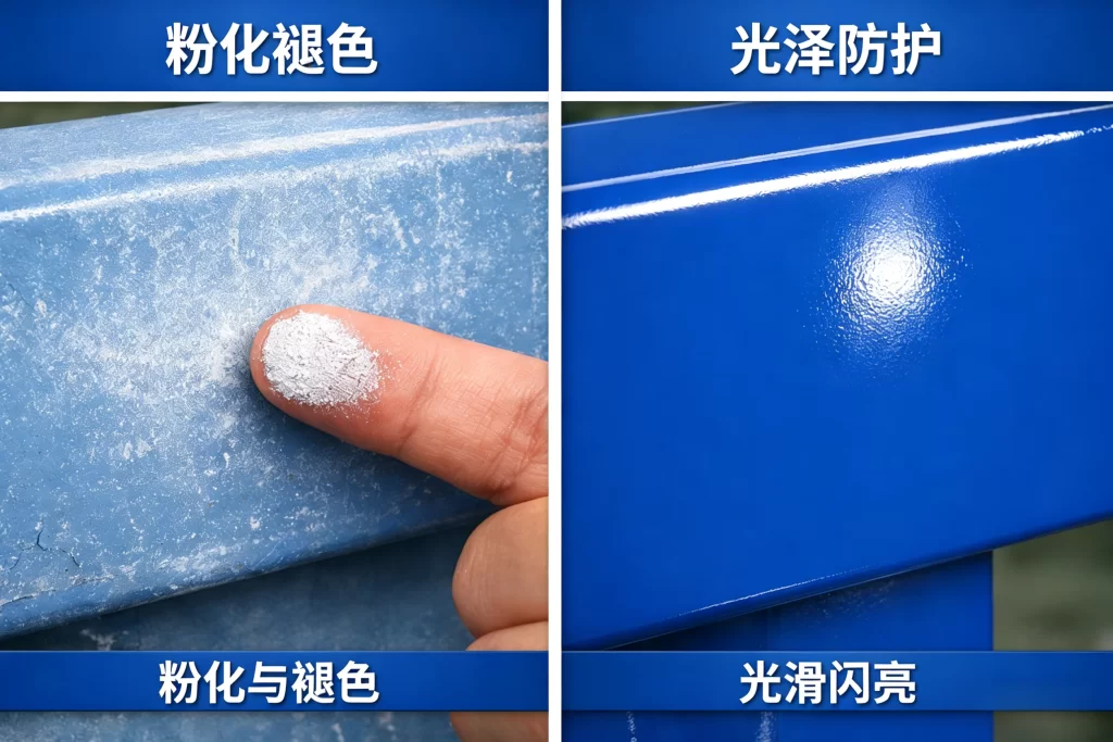 粉化褪色与光泽防护油漆比较