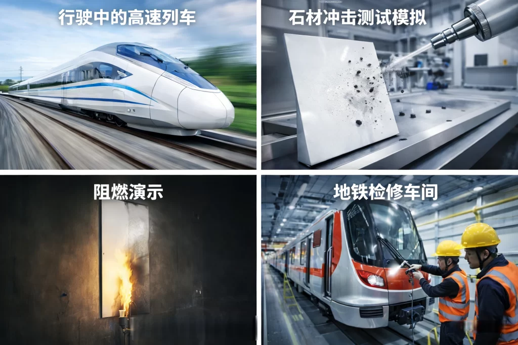 高铁列车，涂层抗砂石撞击实验，油漆阻燃性能演示，地铁车辆维护
