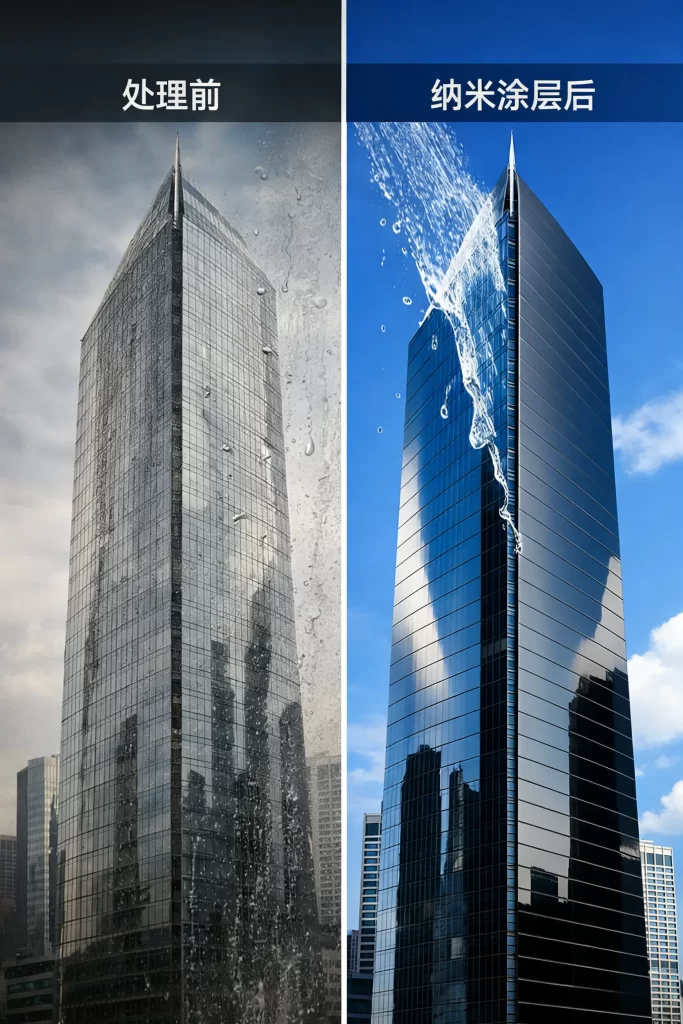 建筑外墙玻璃幕墙纳米涂层处理前后效果对比，防污垢防水效果比较