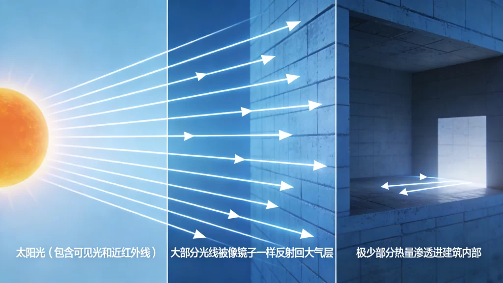 建筑涂层降温的原因是对阳光进行反射，减少热量吸收