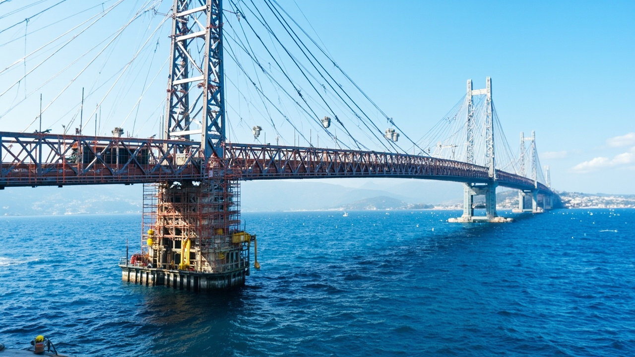 跨海大桥钢箱梁与桥塔防腐涂装施工现场,脚手架与无气喷涂设备