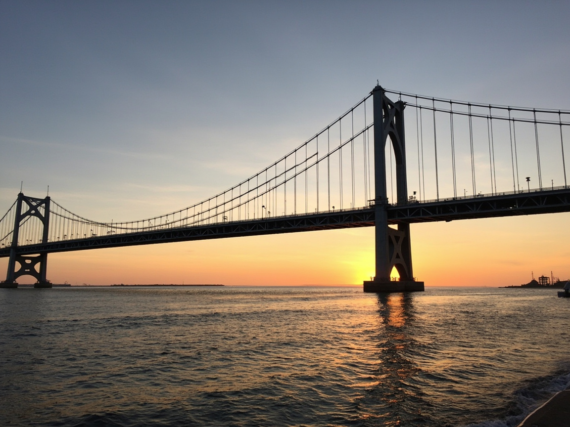 已完工跨海大桥钢塔与拉索在夕阳下的完整防腐涂层外观