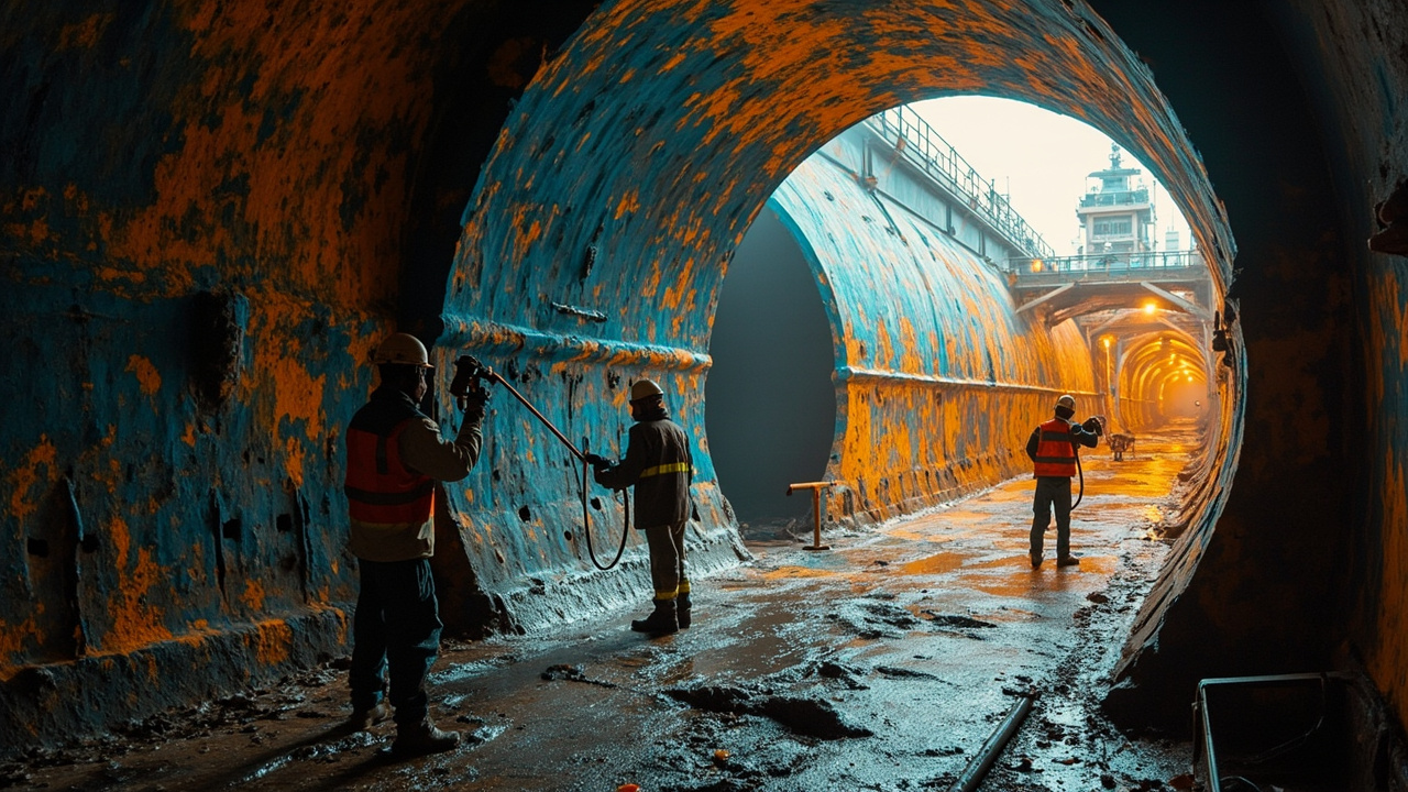 船坞中船舶压载舱内部喷涂环氧涂层,工人进行无气喷涂作业