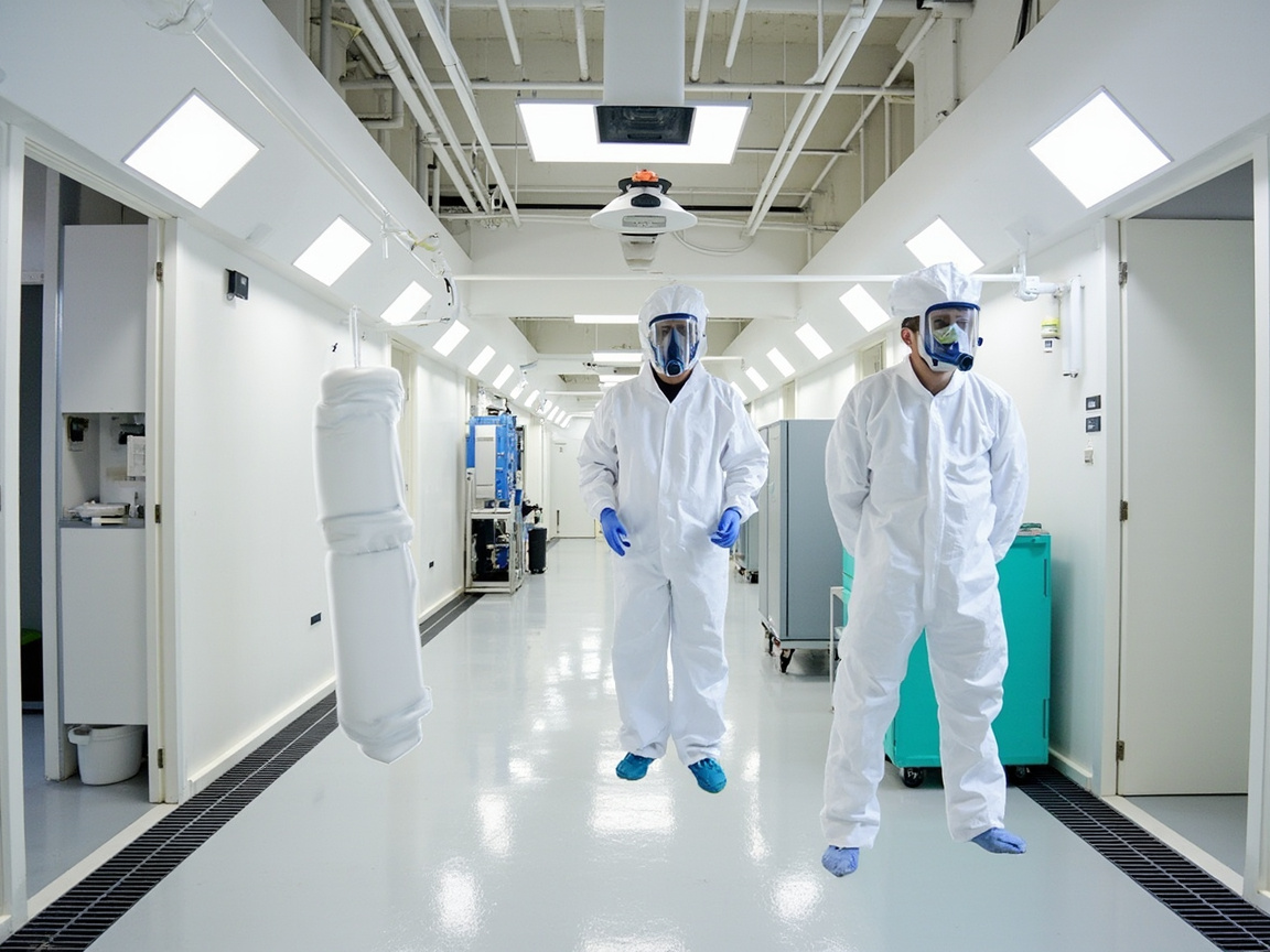 防护装备示意:全面罩+PAPR、丁腈手套、连体防化服与喷房通风的配套