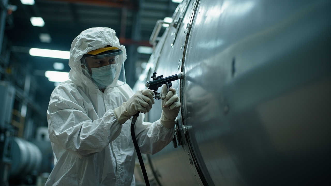 工程师穿戴防护服在工厂车间使用喷枪为大型金属储罐喷涂防腐导电涂料的施工工艺现场