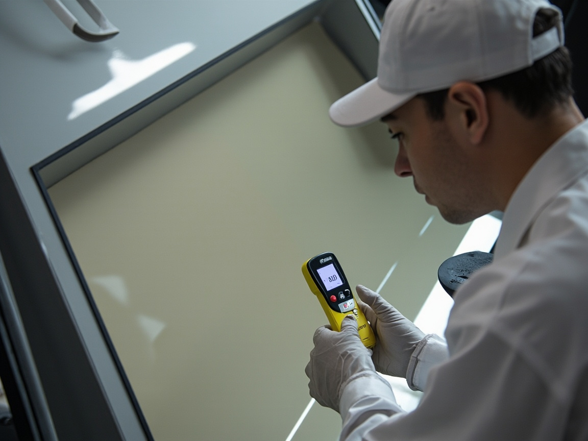 技术员用光泽仪测量聚氨酯面漆施工后的60度光泽值的现场