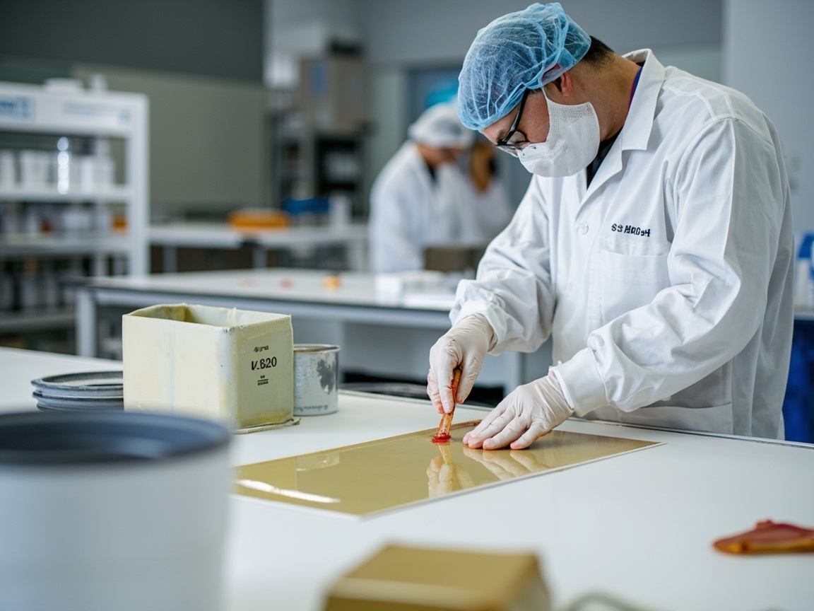 质检员按混合比配制双组分涂料样品并标注施工状态用于VOC检测的现场