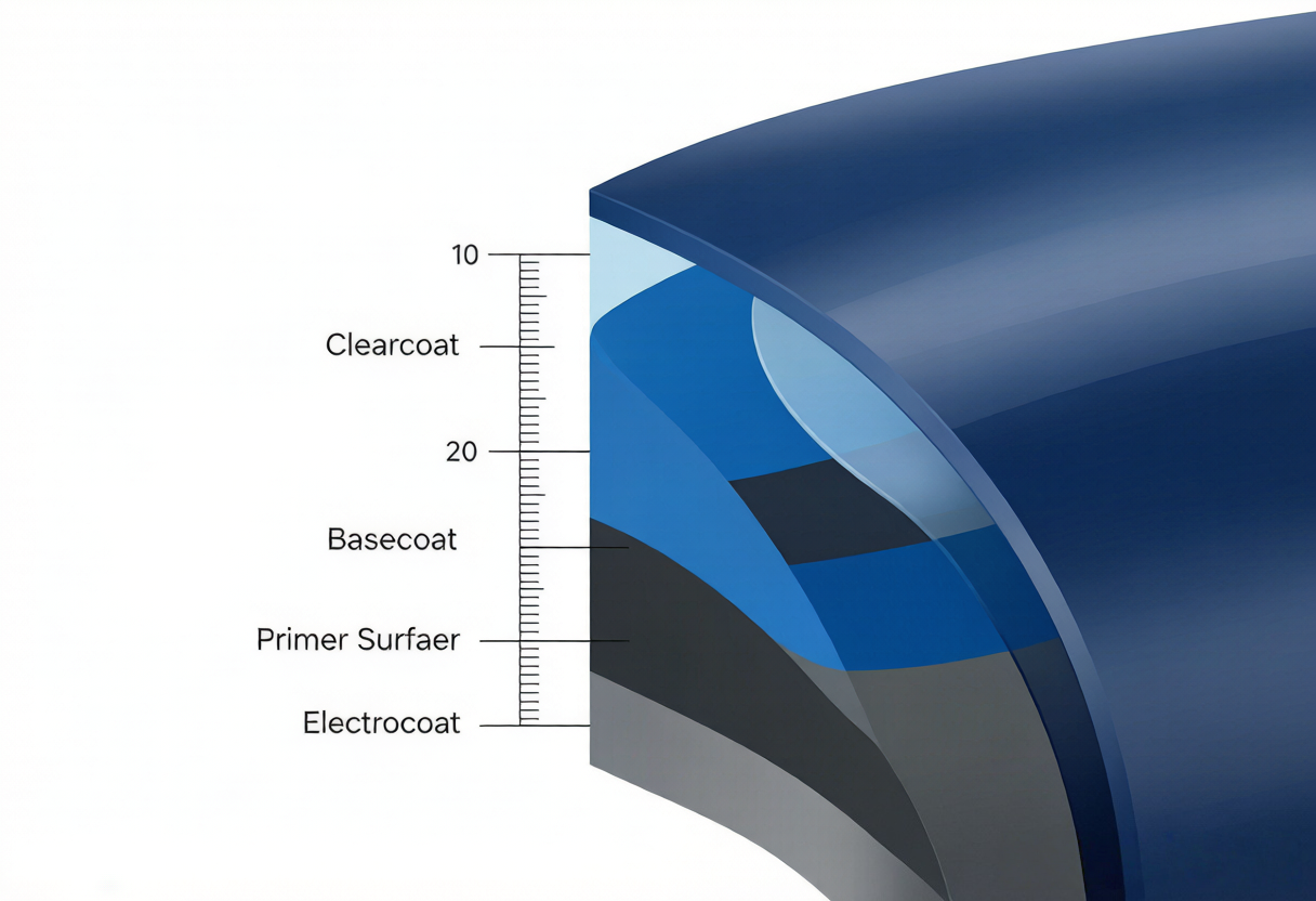 AutomotiveCoatingFilm Thickness控制：电泳、中涂、色漆、Clearcoat各层干Film Thickness度示意
