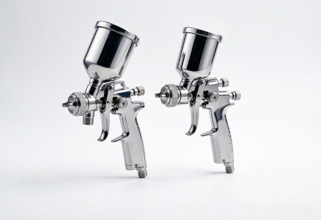 Pistolet de retouche automobile : illustration des types de pistolets à gravité et à aspiration, HVLP et LVLP