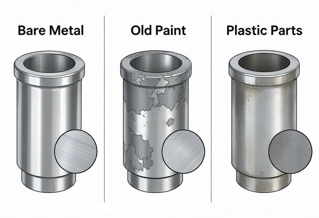 Esquema comparativo do tratamento de superfície e plano de pintura para diferentes substratos (metal nu, pintura antiga, peças de plástico)