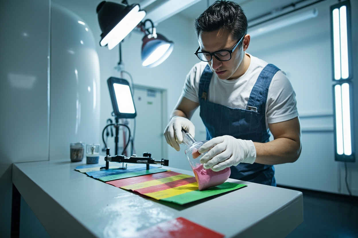 Automotive refinish paint color matching work scene