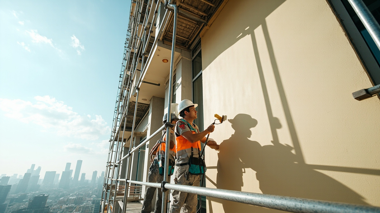 高层建筑外墙涂装施工现场,工人借助脚手架对外墙面进行涂料施工,背景为晴朗城市天际线