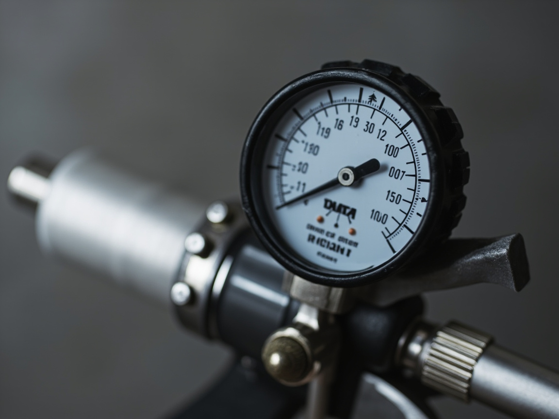 无气喷涂枪嘴特写与压力表，展示喷嘴孔径与输出压力