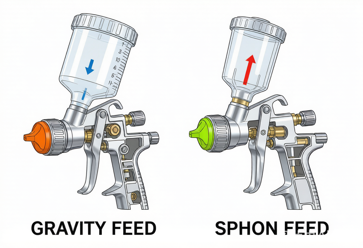 Schéma comparatif de la structure et de l'alimentation des pistolets à gravité et à aspiration