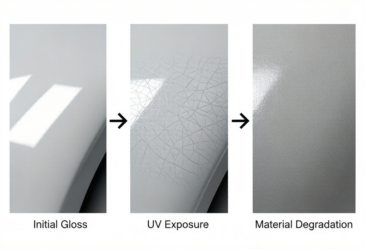 Illustration de la perte de brillance du vernis due au vieillissement UV