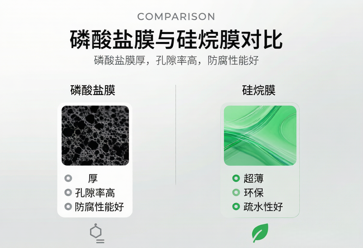 磷化膜与硅烷膜的结构及环保特性对比示意