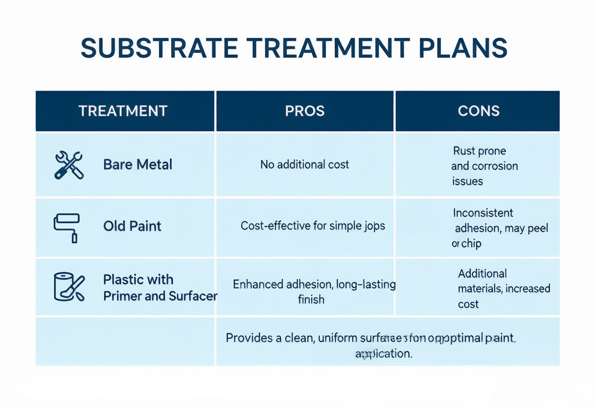 Tabela comparativa de tratamento, primer e intermediário para três substratos: metal nu, superfície de tinta antiga e peças de plástico