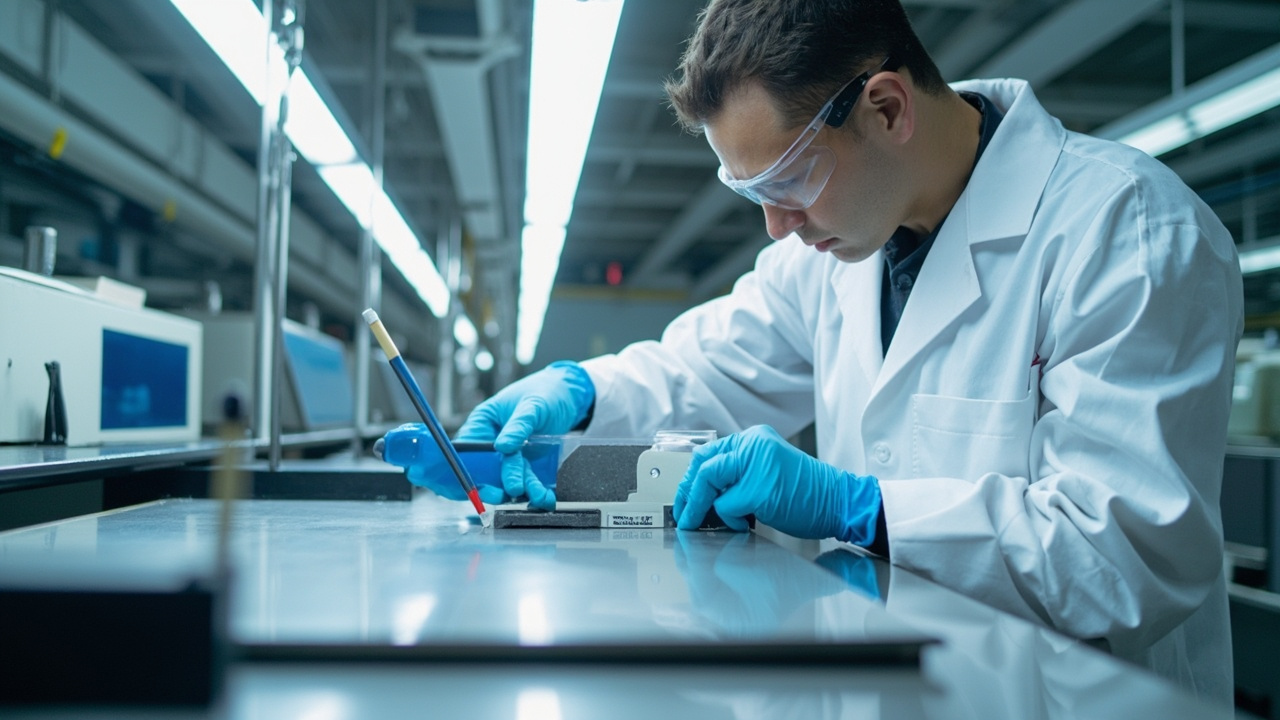 实验室工程师在 kexinMaterials 工业涂装实验台上用铅笔与磨耗仪检测纳米涂层样板