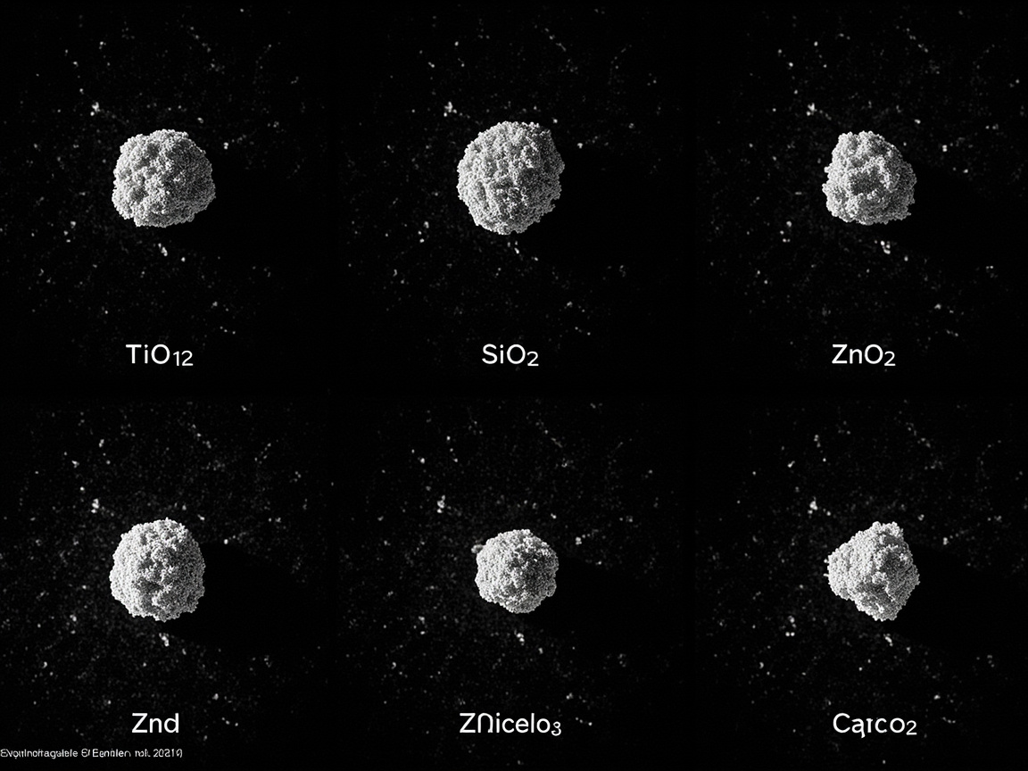 六种常见纳米粒子TiO2、SiO2、ZnO、Ag、Cu、CaCO3的透射电镜形貌对比示意