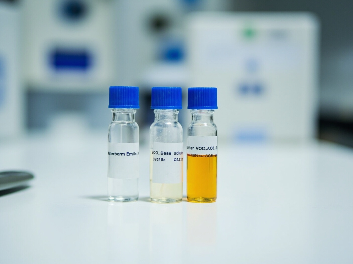 涂料技术实验室台面,水性树脂乳液样品与油性树脂溶液样品及 VOC 检测仪器并排